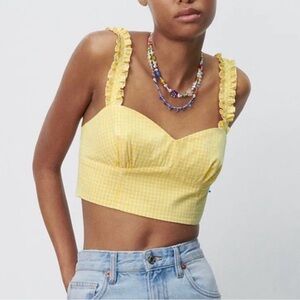 Zara Yellow Checkered Ginham Frills crop Top Smocked Back Size Small